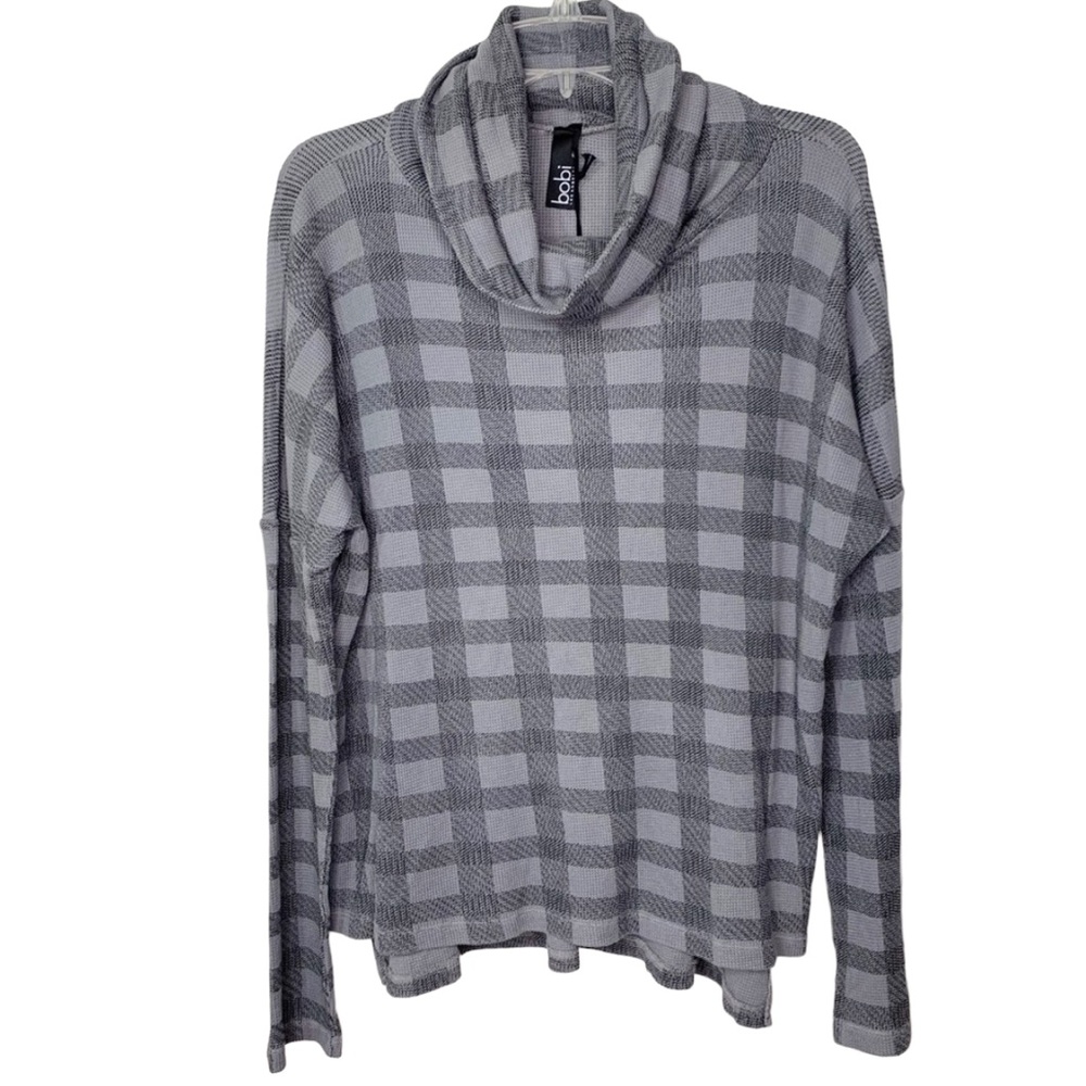 NWT Bobi Revolve Cowl Neck Long Sleeve Waffle Knit Top Buffalo Check Black Sz S